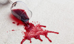 Red wine spilled on the carpet that needs to be cleaned before it leaves a stain.