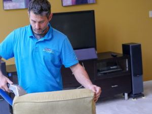 Sams professional cleaning the upholstery of the sofa