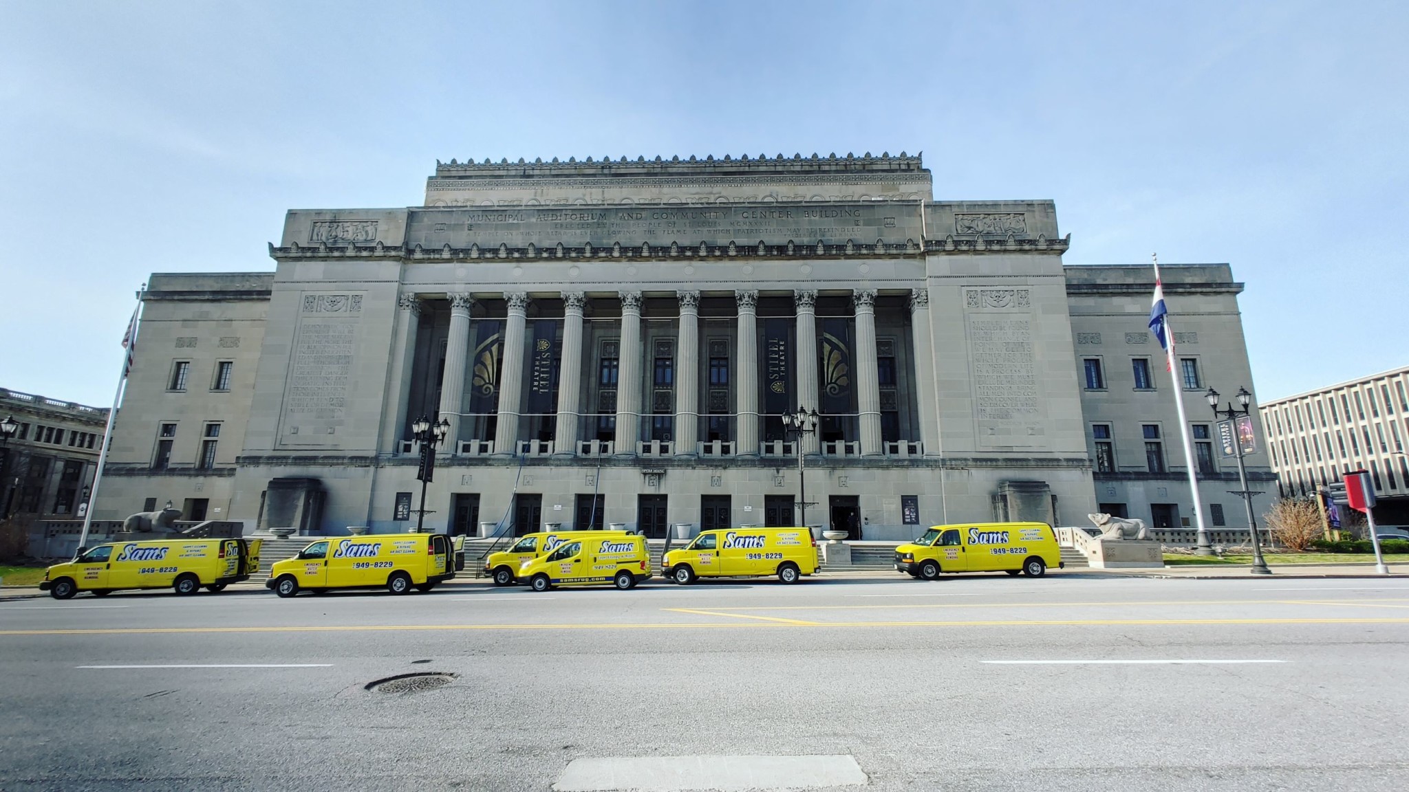 Dams carpet cleaning vans lined up outside Stifel Theatre in St. Louis